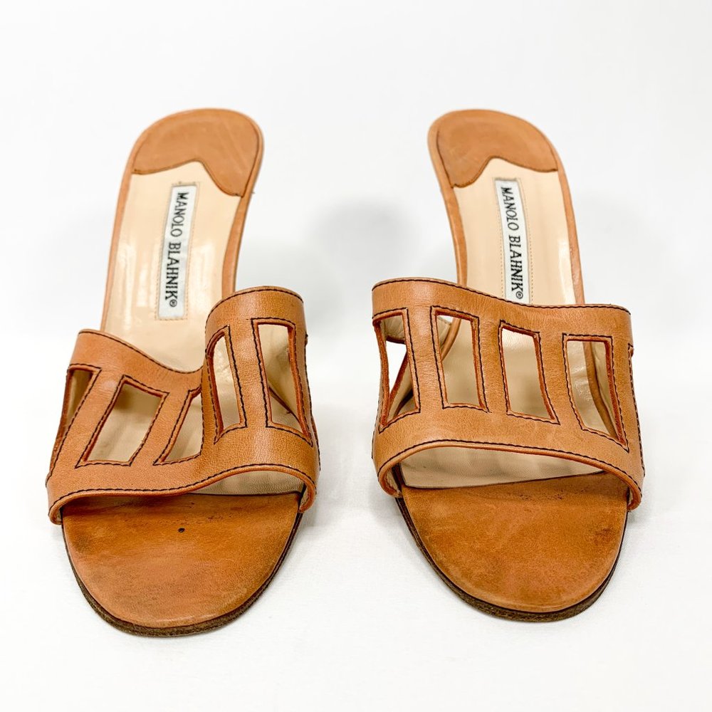 MANOLO BLAHNIK Brown Leather Cut Out Sandal Heels - Picture 3 of 7